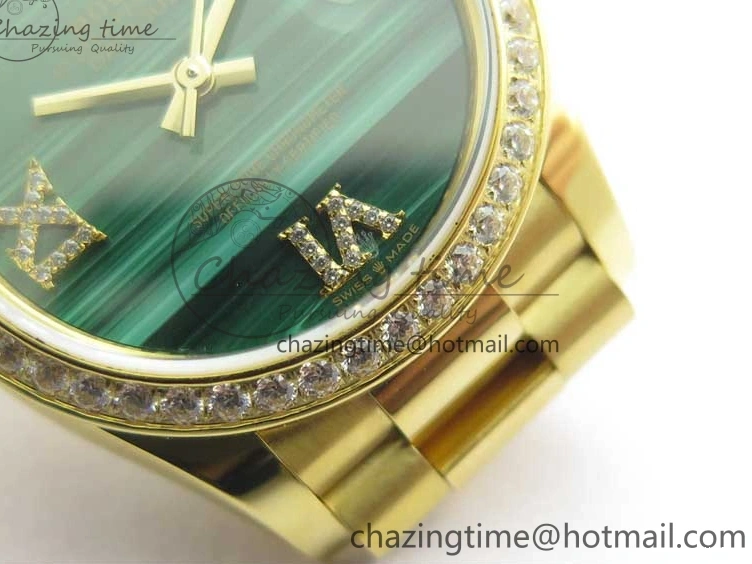 MiroTime 0408 Versatile Daydate 278288 31mm YG EWF Best Edition Green Malachite Dial Crystal Markers on YG President Bracelet ETA 2606